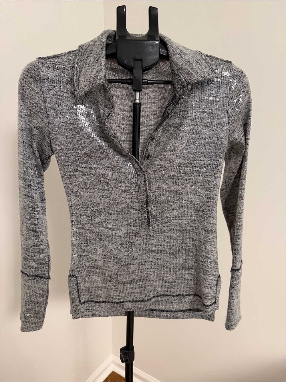 Pilcro Gray Sequin-Collar Knit Pullover